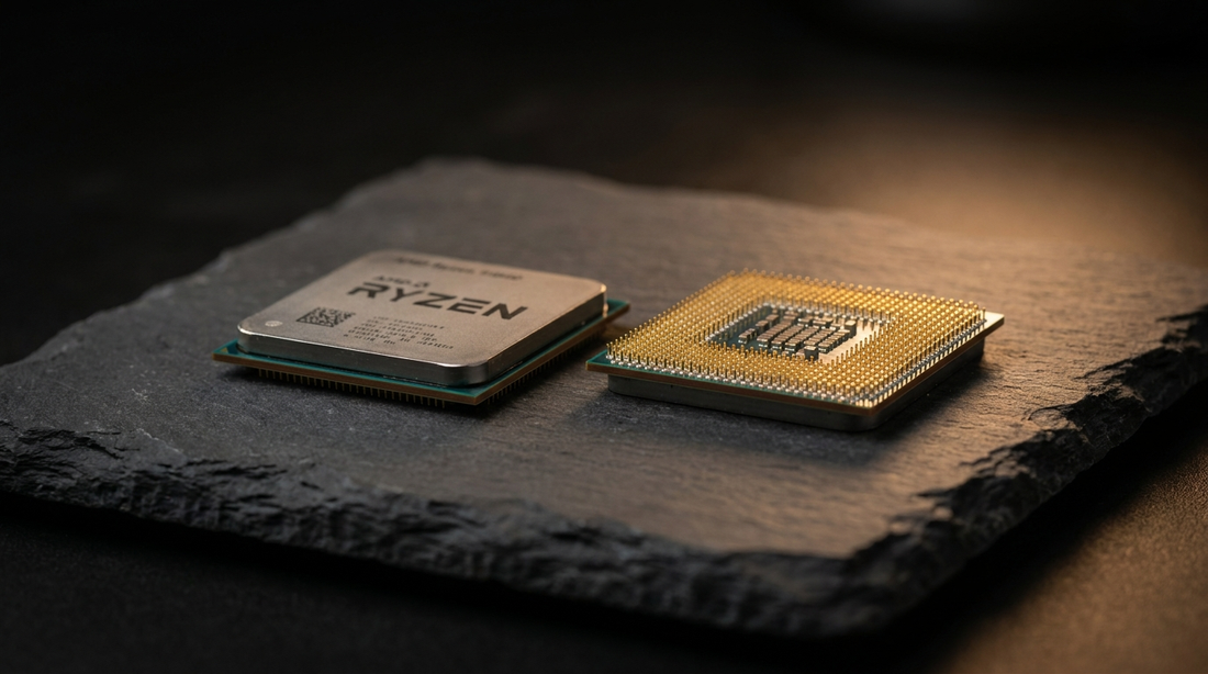 Deux processeurs AMD Ryzen côte à côte sous éclairage studio
