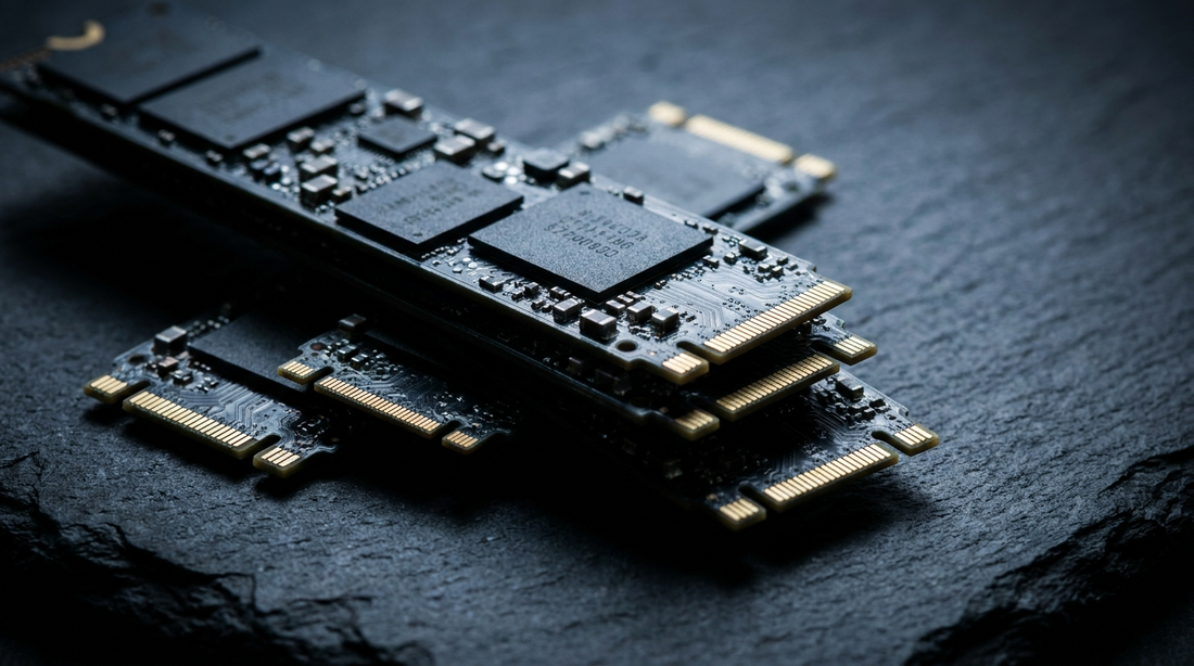Plusieurs SSD NVMe sur surface ardoise sombre