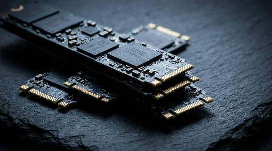 Plusieurs SSD NVMe sur surface ardoise sombre