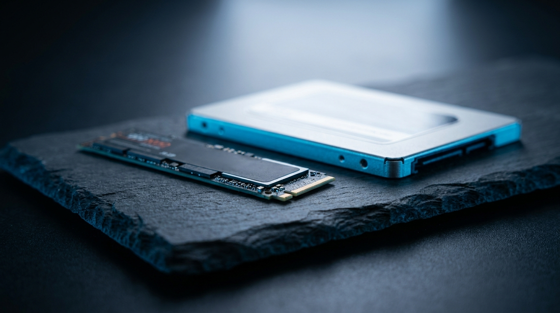 SSD NVMe M.2 et SSD SATA 2,5 pouces sur une surface ardoise sombre