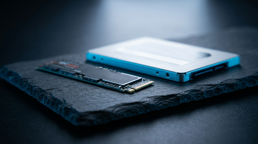 SSD NVMe M.2 et SSD SATA 2,5 pouces sur une surface ardoise sombre