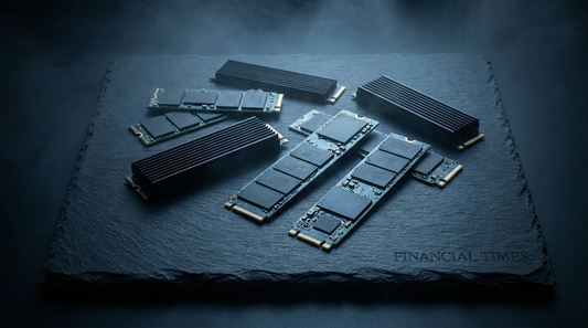 Modules SSD NVMe et puces de mémoire NAND sur une surface ardoise sombre