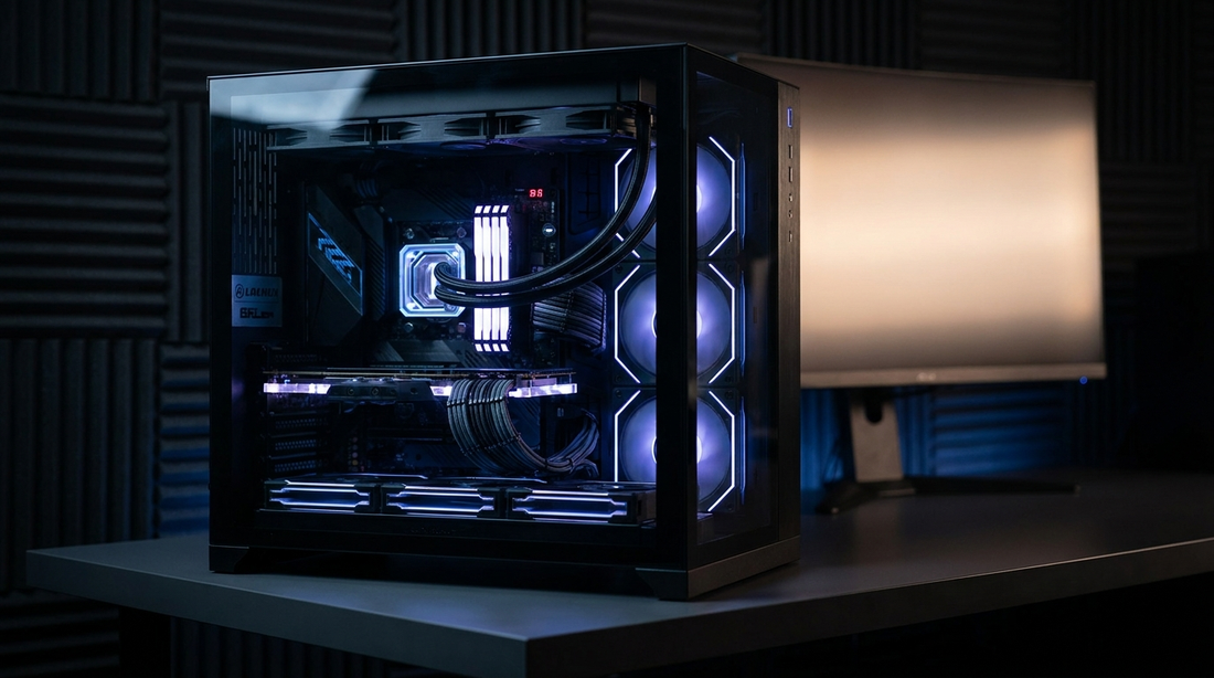 PC gamer assemblé avec éclairage RGB en studio