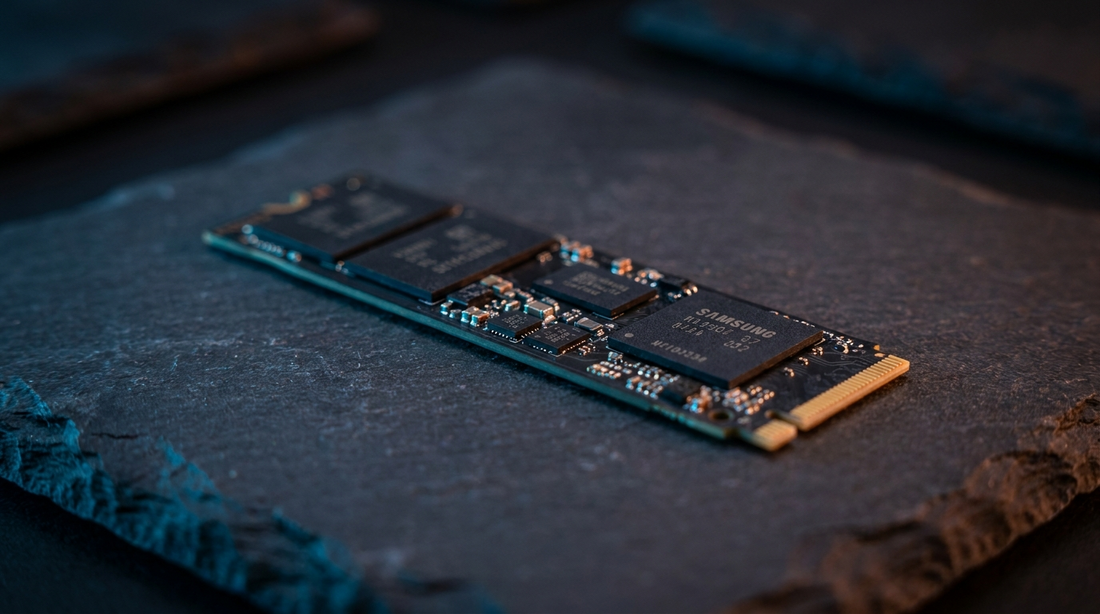 SSD NVMe M.2 Samsung sur surface ardoise sombre, éclairage studio