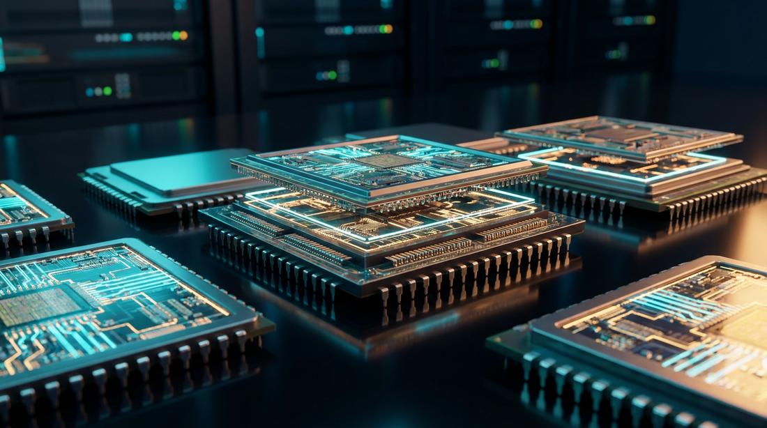 Puce et silicium GPU sur surface sombre avec circuits lumineux, image éditoriale tech