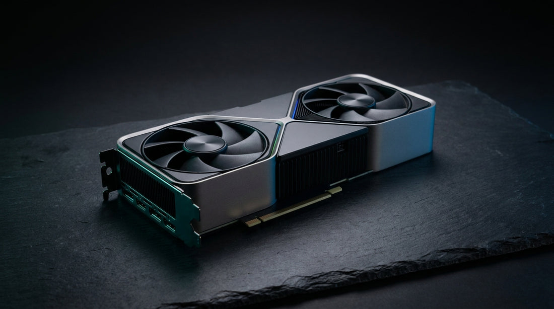 Carte graphique gaming RTX sur surface sombre avec éclairage studio