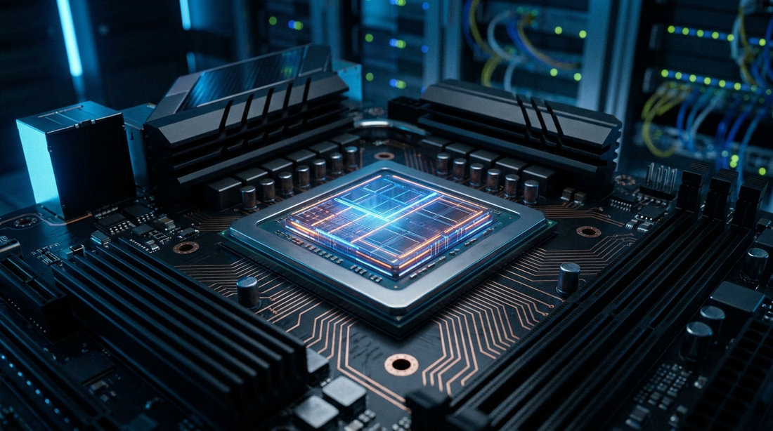 Puce informatique combinant CPU et GPU sur circuit imprimé avec éclairage bleu