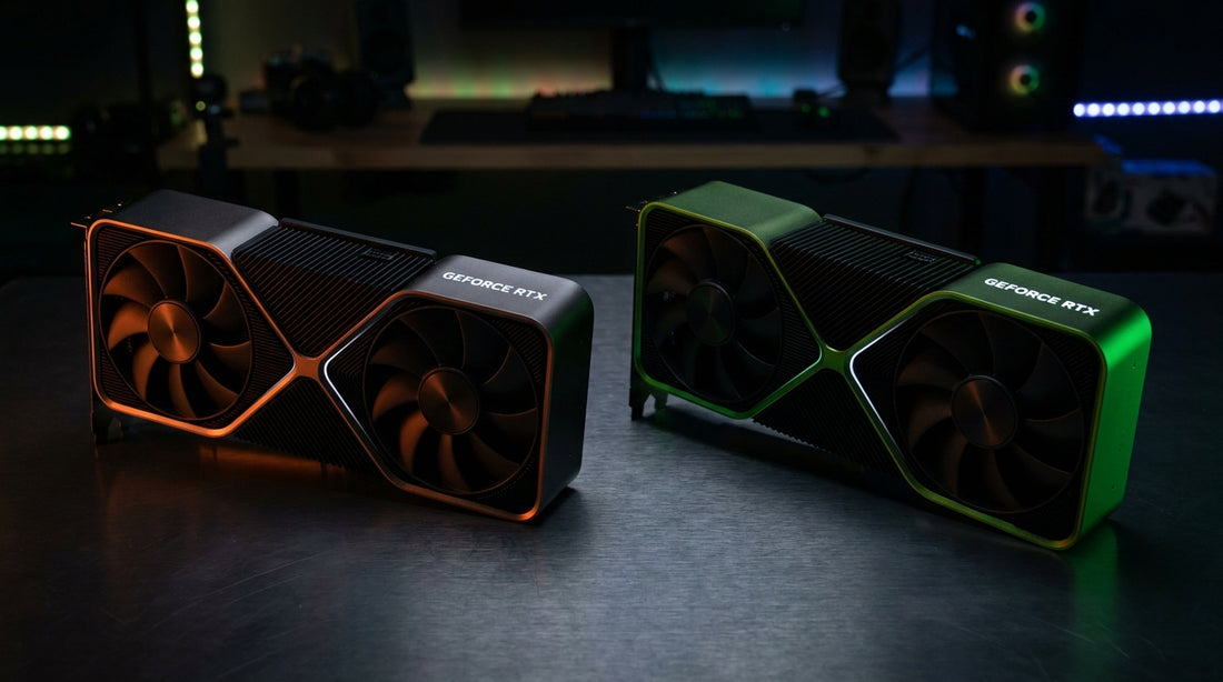 Deux cartes graphiques RTX côte à côte sur fond sombre