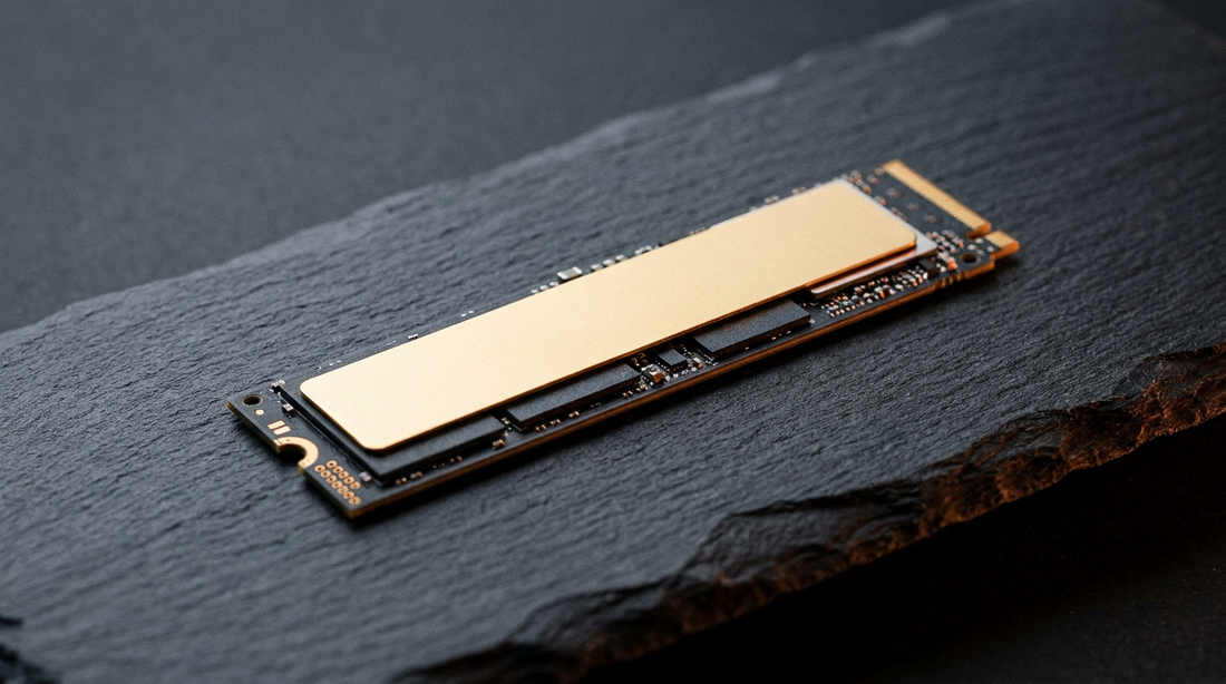 SSD M.2 NVMe sur fond ardoise sombre avec éclairage studio