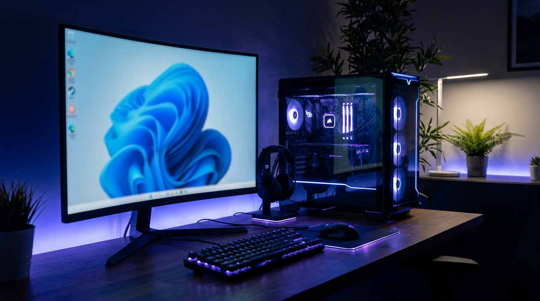 Setup PC gamer avec éclairage RGB dans une pièce sombre