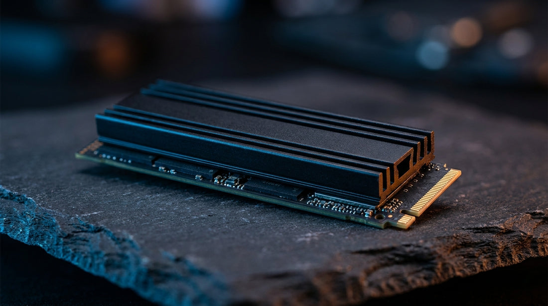 SSD M.2 NVMe sur surface ardoise sombre avec éclairage studio