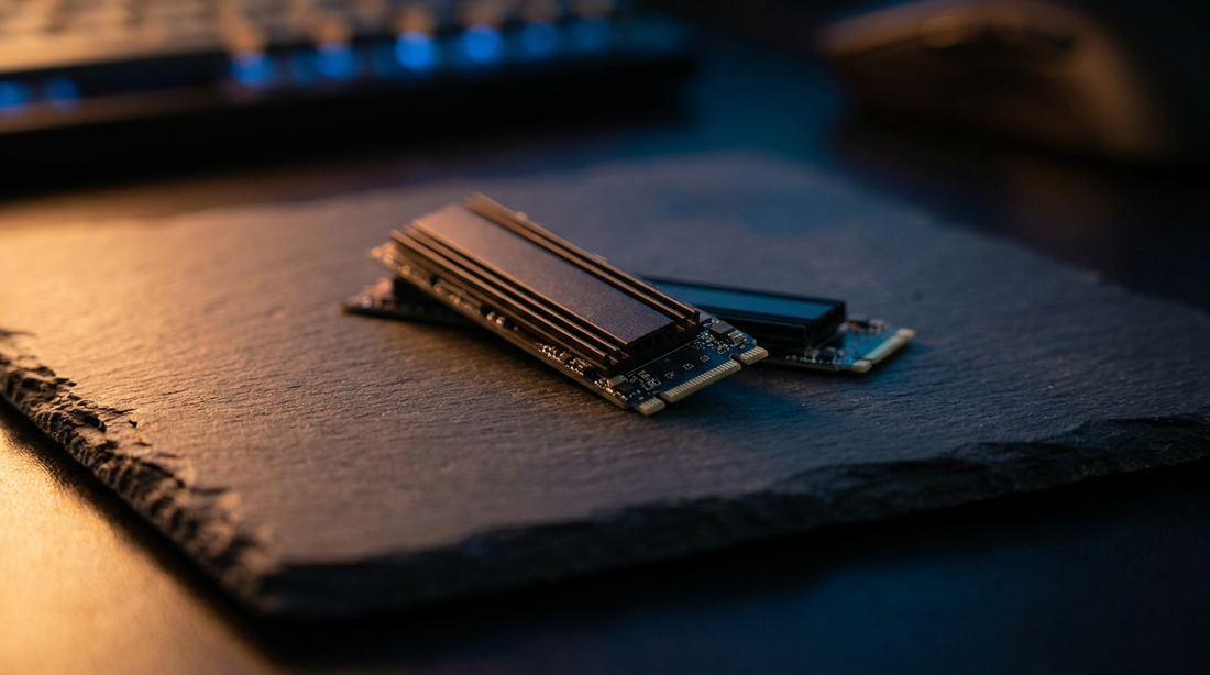 Deux SSD NVMe M.2 sur une surface ardoise sombre avec éclairage dramatique
