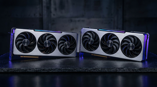 Deux cartes graphiques côte à côte sur une surface sombre avec éclairage studio