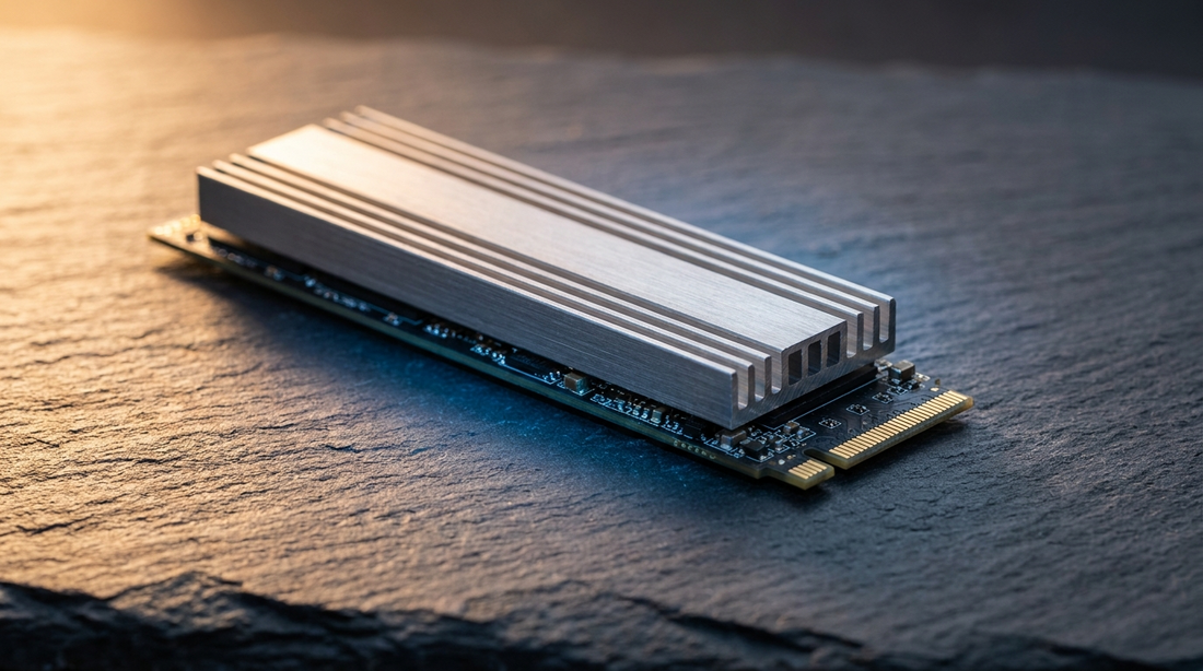 SSD NVMe M.2 sur surface sombre avec éclairage studio