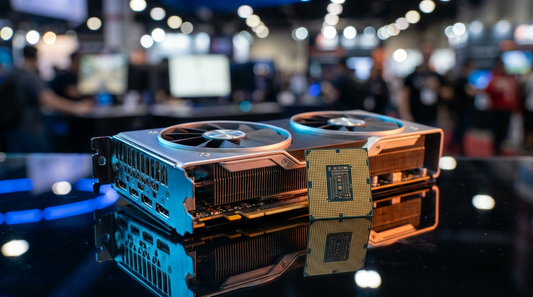 Composants PC gaming sur surface sombre avec éclairage de studio bleu et orange