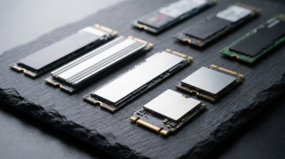 Plusieurs SSD M.2 NVMe posés sur une surface en ardoise sombre