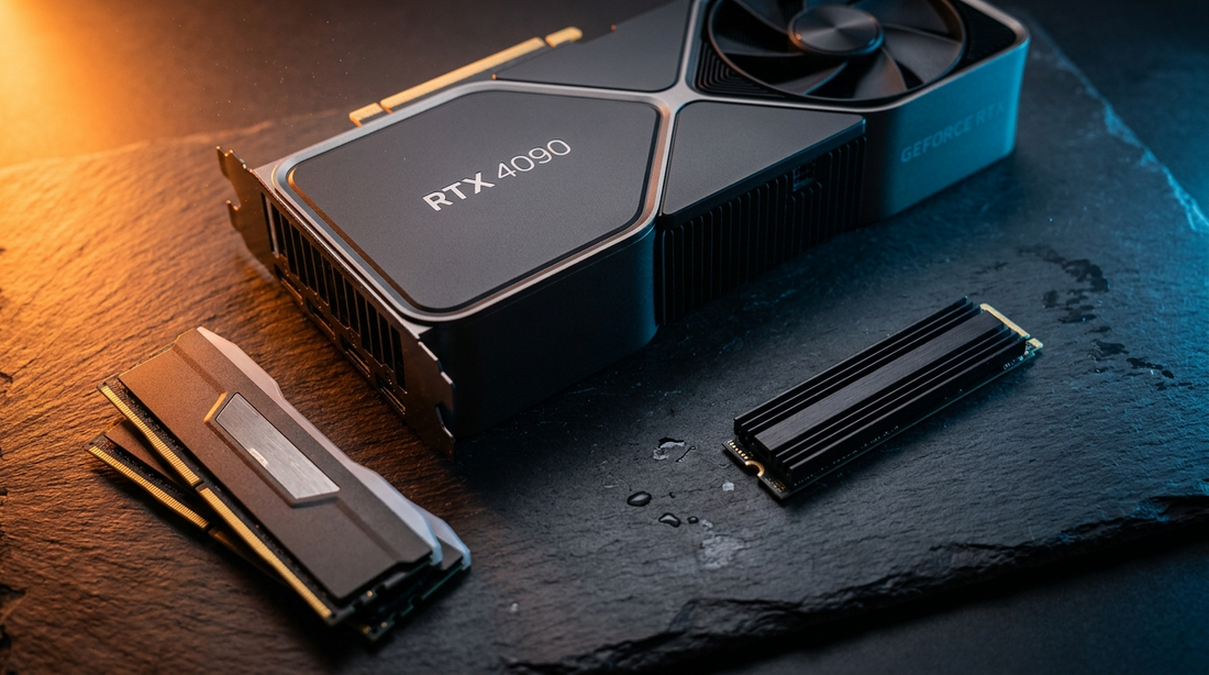 Carte graphique, barrettes de RAM et SSD M.2 sur une surface sombre