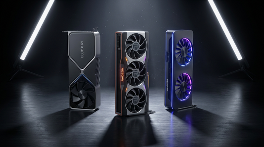 Trois cartes graphiques gaming alignées sur une surface sombre