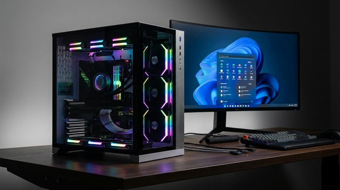 PC gamer avec éclairage RGB et un écran affichant le bureau Windows