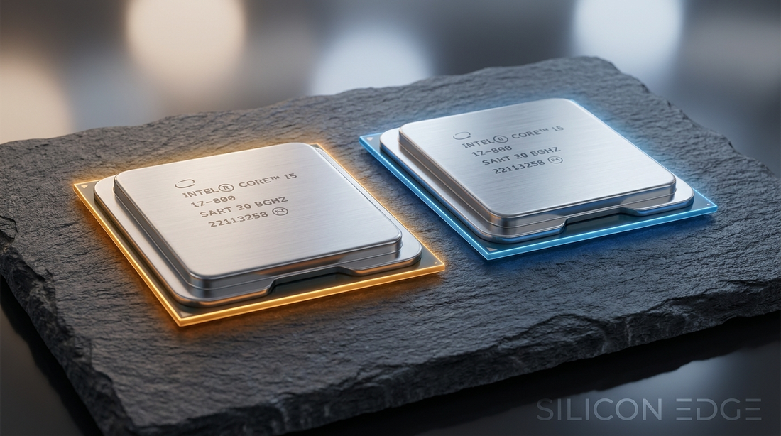 Deux processeurs AMD Ryzen côte à côte sur surface ardoise sombre