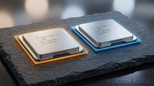 Deux processeurs AMD Ryzen côte à côte sur surface ardoise sombre