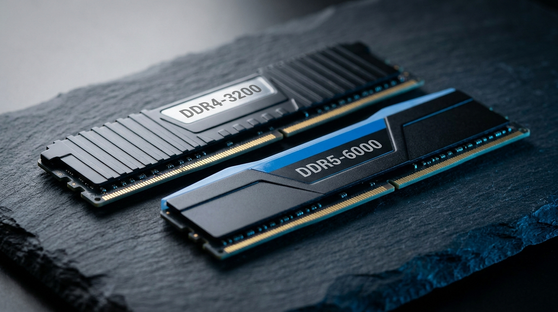 Barrettes de RAM DDR4 et DDR5 côte à côte sur une surface ardoise sombre