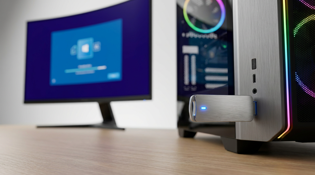 Clé USB branchée sur un PC avec écran d'installation de Windows en arrière-plan