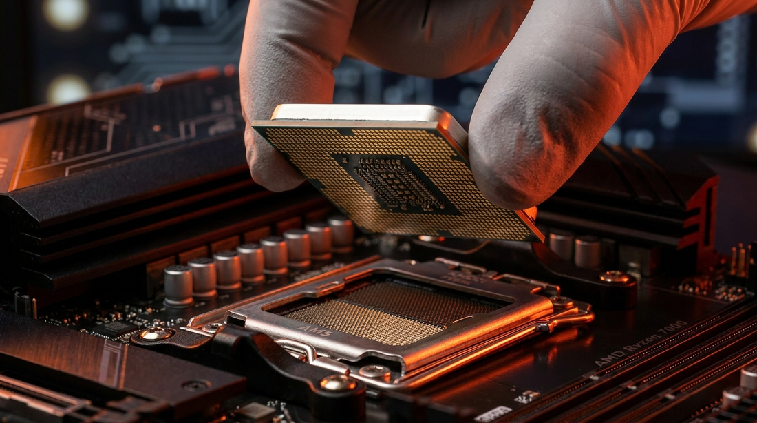 Processeur AMD Ryzen au-dessus d'un socket AM5 de carte mère