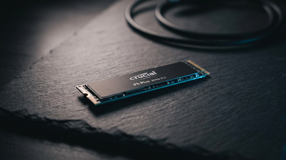 SSD NVMe Crucial posé sur une surface en ardoise sombre