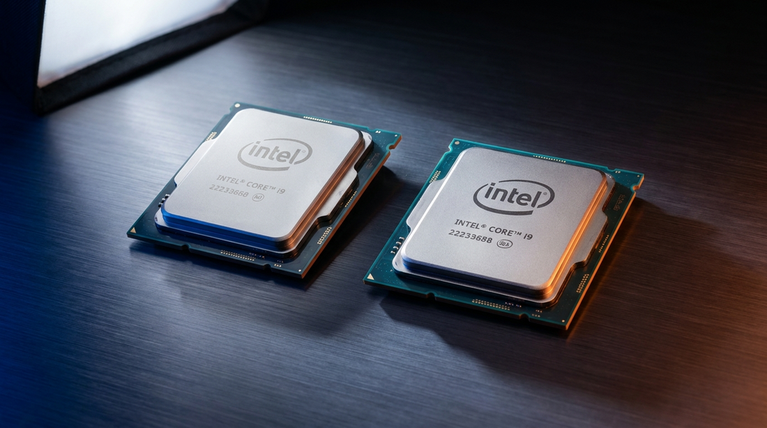 Deux processeurs Intel côte à côte en éclairage studio