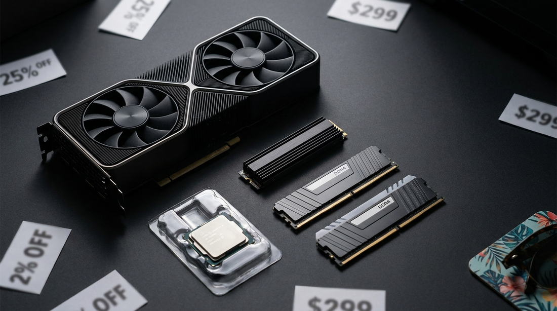Composants PC (carte graphique, SSD, RAM, processeur) sur surface sombre