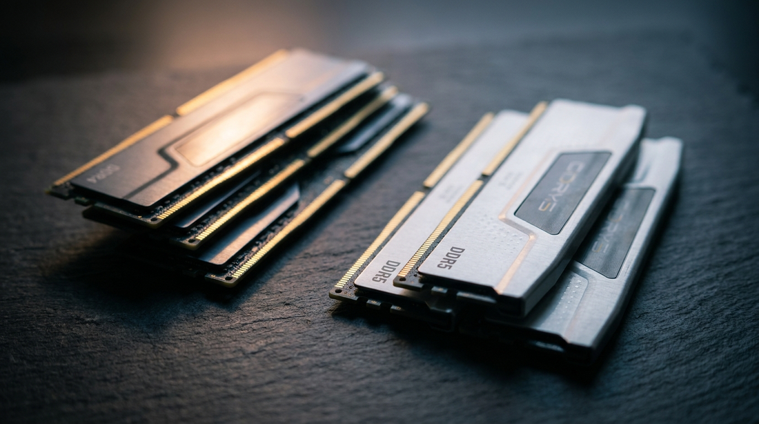 Barrettes de RAM DDR4 et DDR5 sur surface ardoise sombre