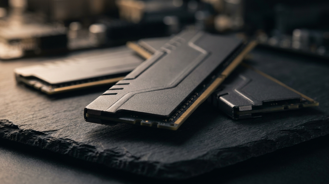 Barrettes de RAM DDR4 sur une surface d'ardoise sombre