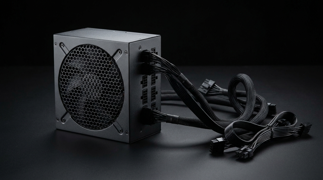Alimentation PC modulaire avec câbles tressés sur fond sombre