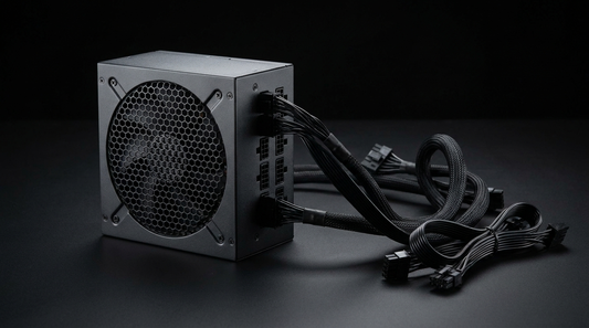 Alimentation PC modulaire avec câbles tressés sur fond sombre