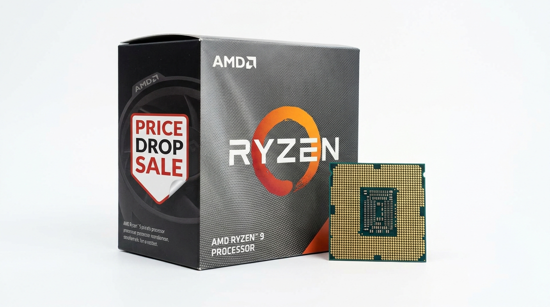 Processeur AMD Ryzen avec sa boîte sur fond studio clair