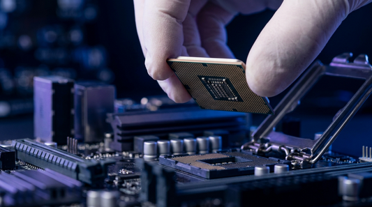 Processeur desktop tenu au-dessus d'un socket de carte mère