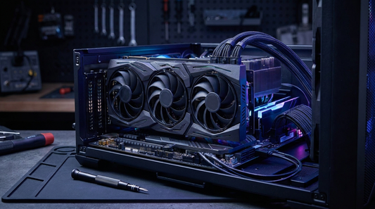 Carte graphique triple ventilateur installée dans un boîtier PC gamer