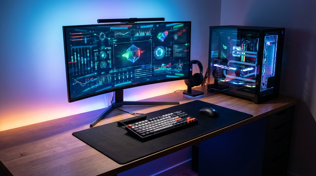 Setup PC gamer avec écran affichant des graphiques de performance