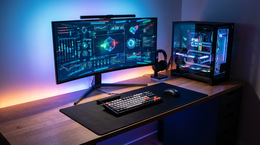 Setup PC gamer avec écran affichant des graphiques de performance