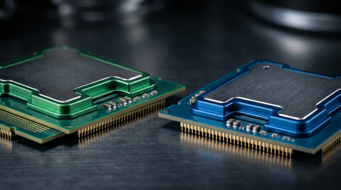Deux processeurs AMD et Intel côte à côte en gros plan
