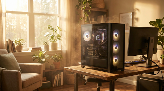 PC gamer sur un bureau baigné de lumière estivale