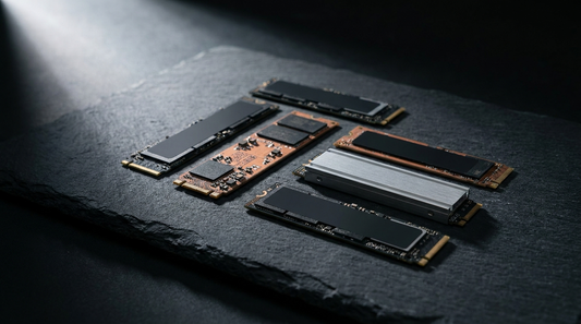 SSD M.2 NVMe posés sur une surface en ardoise sombre