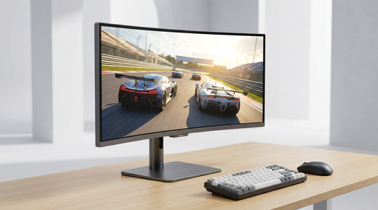 Écran gaming incurvé ultrawide 34 pouces sur un bureau moderne