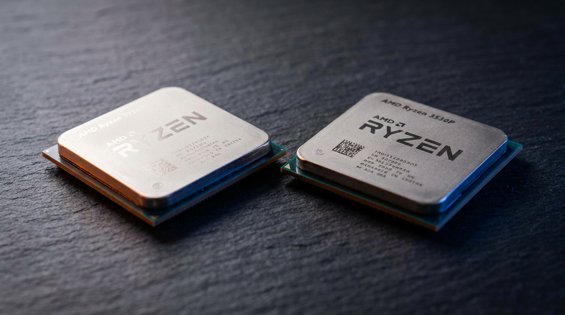 Deux processeurs AMD Ryzen côte à côte en éclairage studio