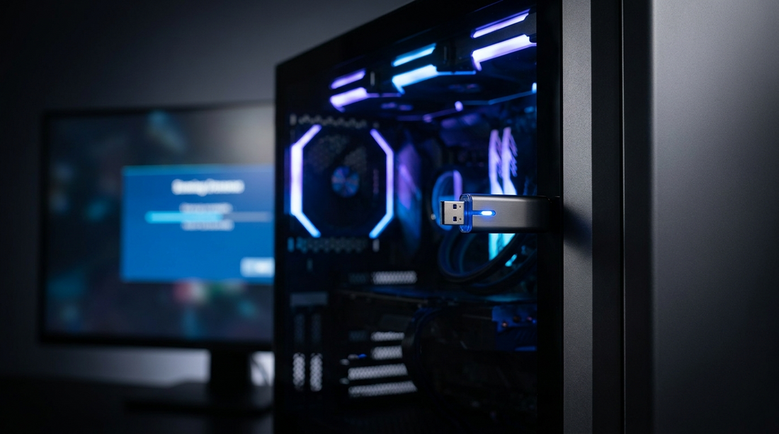 Clé USB branchée sur un PC gamer pendant une installation de Windows