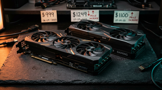 Cartes graphiques gaming sur surface sombre, illustration de la hausse des prix GPU