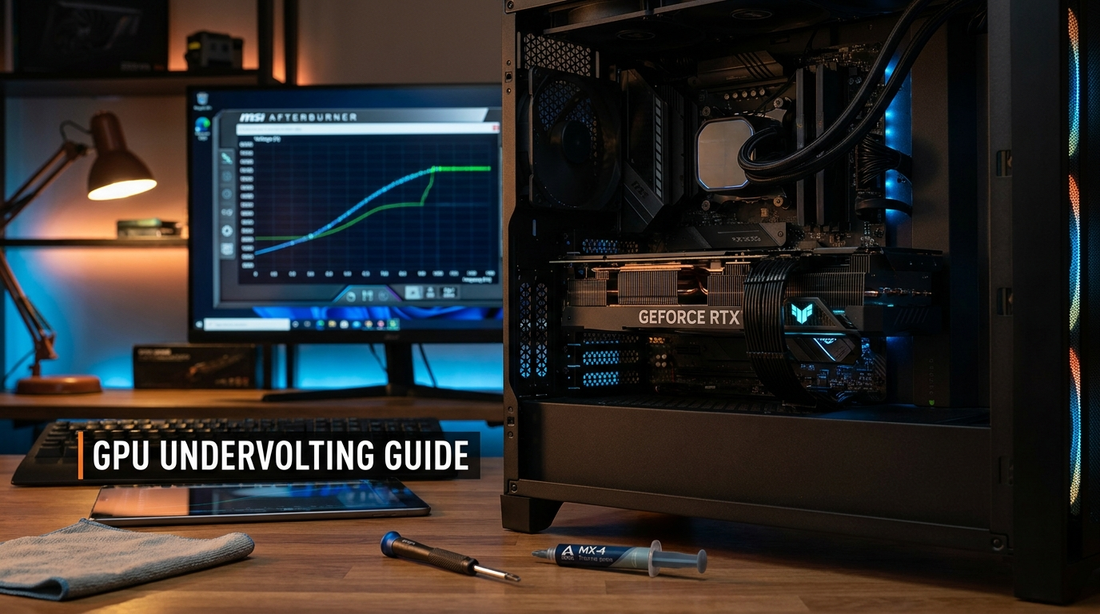 Intérieur d'un PC gamer avec carte graphique, illustration du tutoriel undervolt GPU