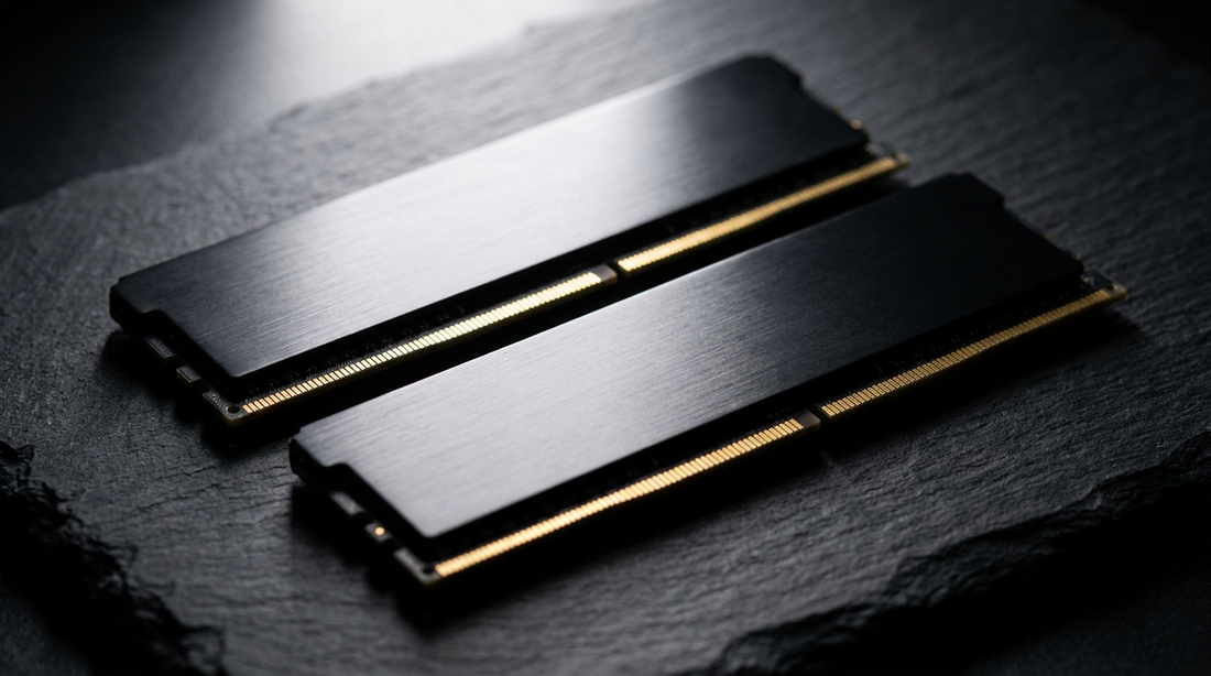 Barrettes de RAM DDR4 et DDR5 côte à côte sur surface ardoise sombre