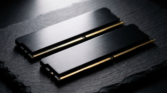 Barrettes de RAM DDR4 et DDR5 côte à côte sur surface ardoise sombre